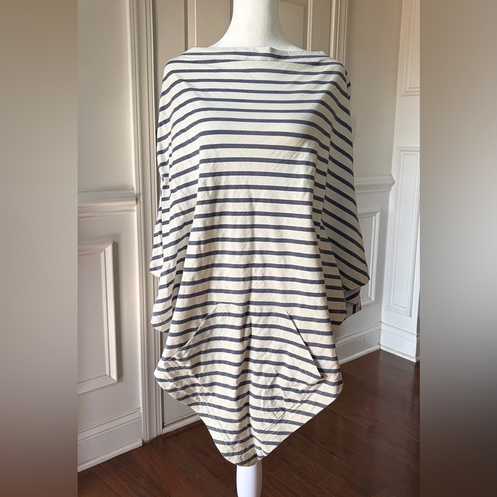 Rock Flower Paper Cotton Pullover Cape Poncho Navy White Coastal Layering O/S